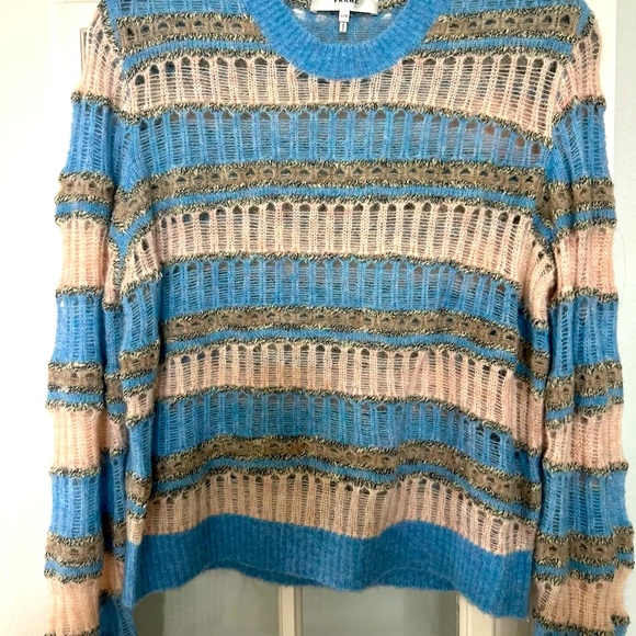 Frame Denim Blue and Cream Crew Neck Sweater with Lacy Knit - Picture 2 of 5